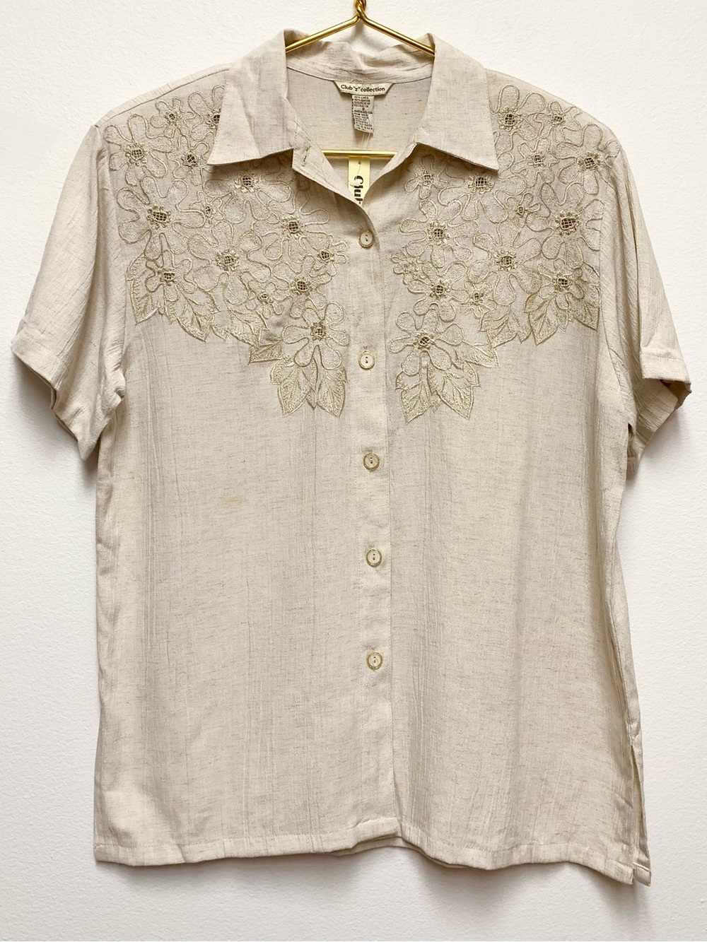 Vtg Linen Metallic Embroidered Oversized Button Front Shirt Sz Small Grandmacore